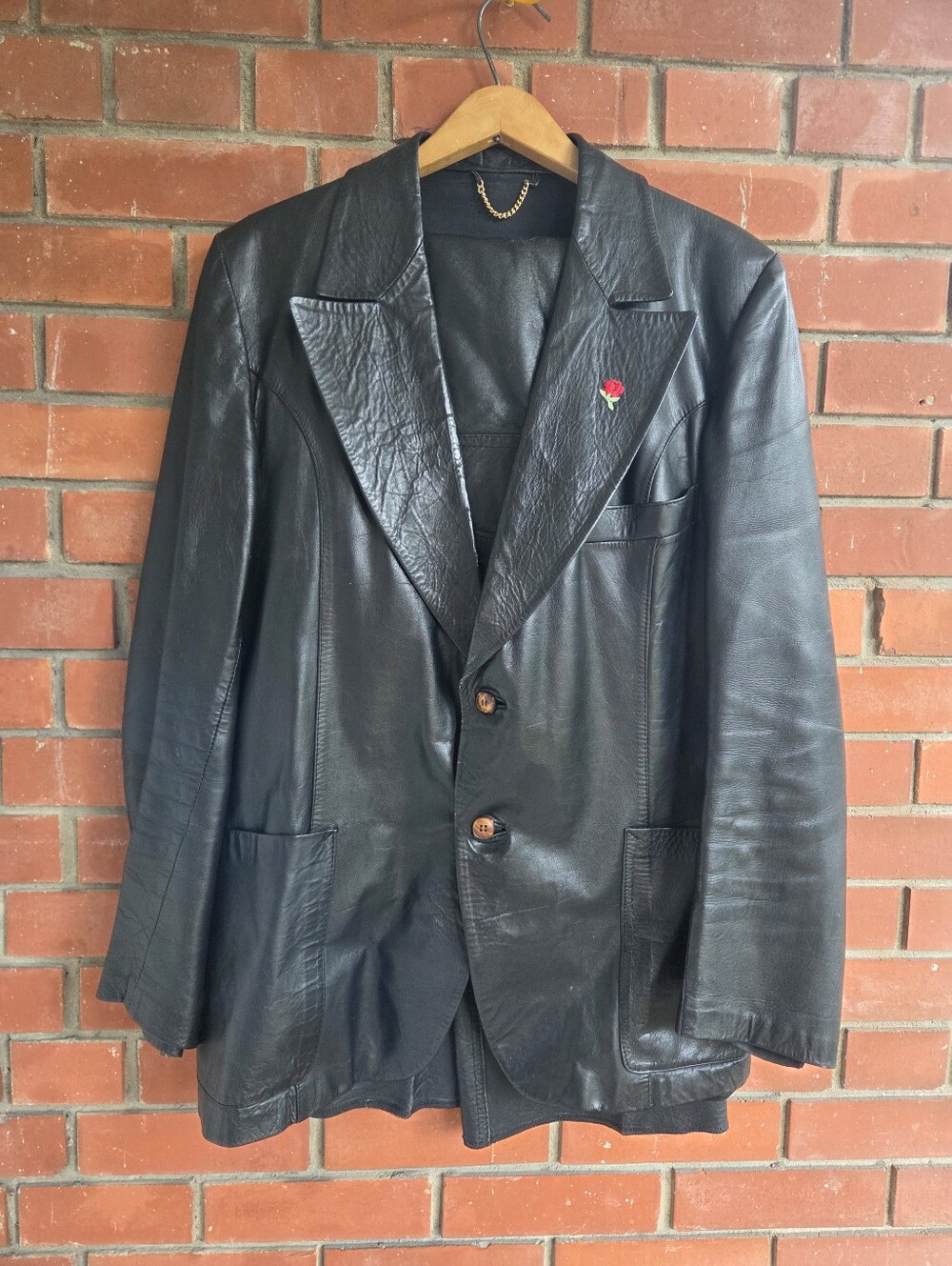 Vintage 1970s Men's Black Leather 2-Piece Suit Set Blazer Flare Pants Large 44